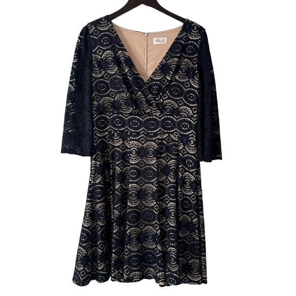 Eliza J Dresses & Skirts - Eliza J Lace 3/4 Sleeve Fit & Flare Dress Navy/Tan Size 14-16 READ